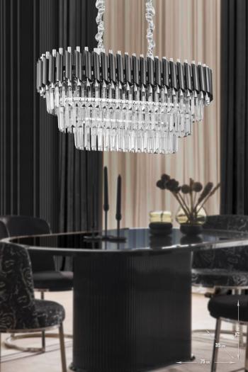 Avizemoda Palmira 75x35 Cm Kristal Taşlı Lüks 3 Katlı Yemek Masası Üstü Avize 6'lı - (siyah-krom)