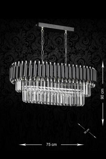 Avizemoda Palmira 75x35 Cm Kristal Taşlı Lüks Yemek Masası Üstü Avize 6'lı - (SİYAH-KROM)