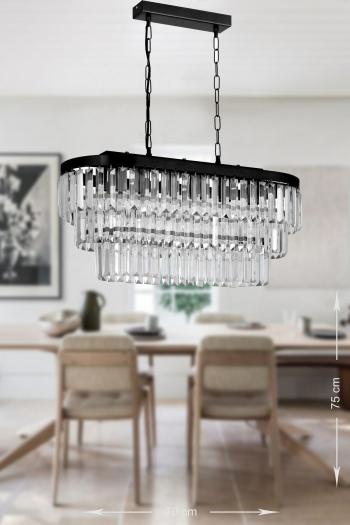 Avizemoda Linsa 70x30 Cm'lik Kristal Cam Taşlı Yemek Masası Üstü Lüks Avize - (mat Siyah)