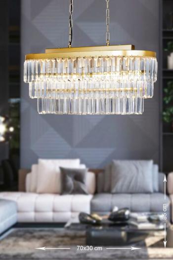 Avizemoda Linsa 70x30 Cm'lik Kristal Cam Taşlı Yemek Masası Üstü Lüks Avize - (sarı Yaldız)