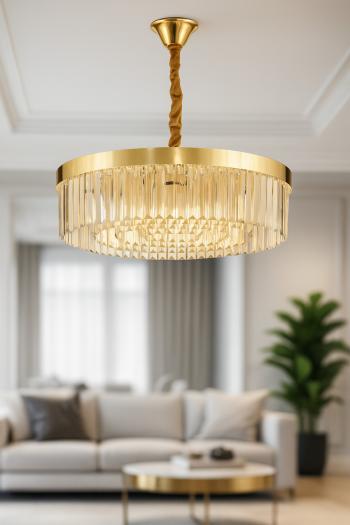 Avizemoda Desina 60 Cm'Lik Kristal Tabut Taşlı Salon Oturma Odası Lüks Avize - GOLD Kaplama