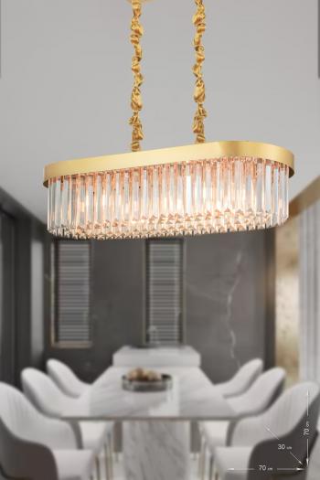 Avizemoda Desina 70x30'luk Kristal Taşlı Lüks Yemek Masası Üstü Avize - (sarı-yaldız)