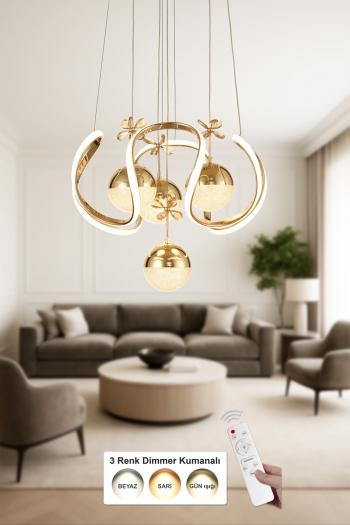 Avizemoda Rumi 4'Lü Dimmer Kumandalı 3 Renk Ledli (Sarı-Beyaz-Gün Işığı) Modern Sarkıt Avize - Gold
