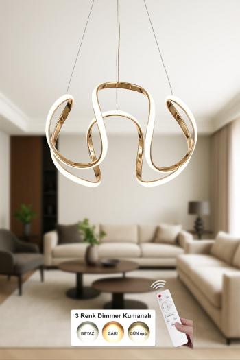 Avizemoda Rumi 50 cm Dimmer Kumandalı 3 Renk Ledli (Sarı-Beyaz-Gün Işığı) Modern Sarkıt Avize - Gold