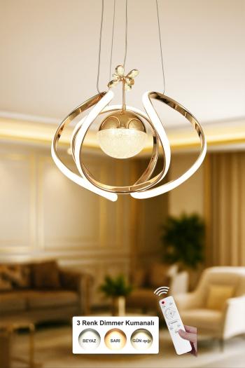 Avizemoda Vira Tekli Dimmer Kumandalı 3 Renk Ledli (Sarı-Beyaz-Gün Işığı) Modern Sarkıt Avize - Gold