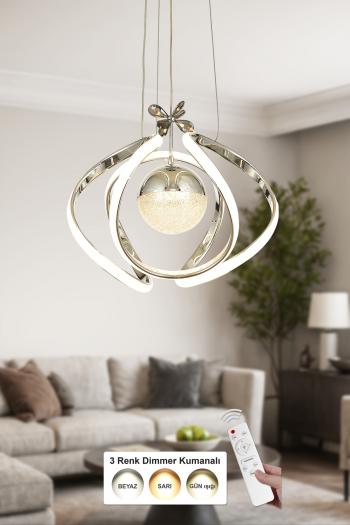 Avizemoda Vira Tekli Dimmer Kumandalı 3 Renk Ledli (Sarı-Beyaz-Gün Işığı) Modern Sarkıt Avize - Krom