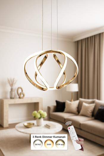 Avizemoda Vira 35 cm Dimmer Kumandalı 3 Renk Ledli (Sarı-Beyaz-Gün Işığı) Modern Sarkıt Avize - Gold