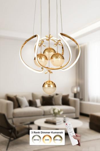Avizemoda Vira 4'Lü Dimmer Kumandalı 3 Renk Ledli (Sarı-Beyaz-Gün Işığı) Modern Sarkıt Avize - Gold