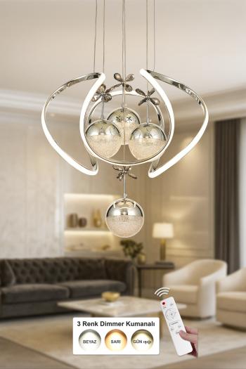 Avizemoda Vira 4'Lü Dimmer Kumandalı 3 Renk Ledli (Sarı-Beyaz-Gün Işığı) Modern Sarkıt Avize - Krom