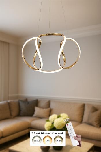 Avizemoda Vira 50 cm Dimmer Kumandalı 3 Renk Ledli (Sarı-Beyaz-Gün Işığı) Modern Sarkıt Avize - Gold