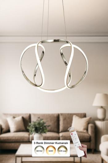 Avizemoda Vira 50 cm Dimmer Kumandalı 3 Renk Ledli (Sarı-Beyaz-Gün Işığı) Modern Sarkıt Avize - Krom