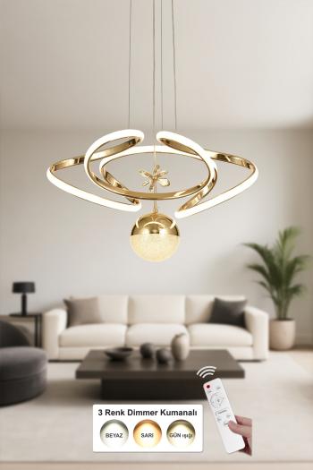 Avizemoda Felin Tekli Dimmer Kumandalı 3 Renk Ledli (Sarı-Beyaz-Gün Işığı) Modern Sarkıt Avize - Gold