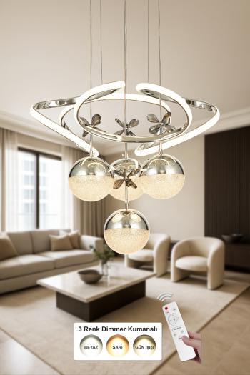 Avizemoda Felin 4'Lü Dimmer Kumandalı 3 Renk Ledli (Sarı-Beyaz-Gün Işığı) Modern Sarkıt Avize - Krom