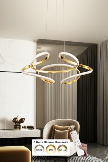 Avizemoda Felin 50 cm Dimmer Kumandalı 3 Renk Ledli (Sarı-Beyaz-Gün Işığı) Modern Sarkıt Avize - Gold