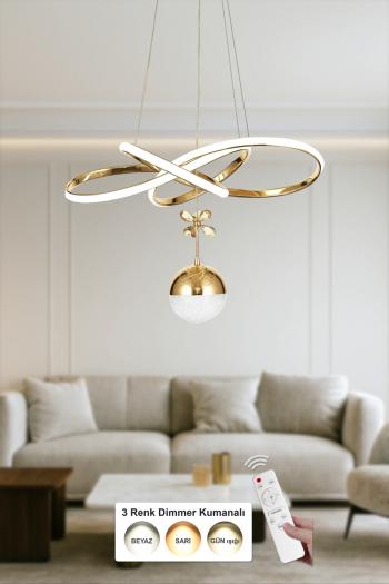 Avizemoda Larin Tekli Dimmer Kumandalı 3 Renk Ledli (Sarı-Beyaz-Gün Işığı) Modern Sarkıt Avize - Gold