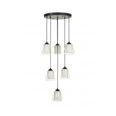 Avizemoda Venita 6 lı Şeffaf+Beyaz Çift Camlı Salon Oturma Odası Modern Sarkıt Avize - (Siyah Kasa)