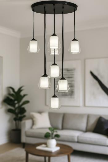 Avizemoda Venita 8 li Şeffaf+Beyaz Çift Camlı Salon Oturma Odası Modern Sarkıt Avize - (Siyah Kasa)