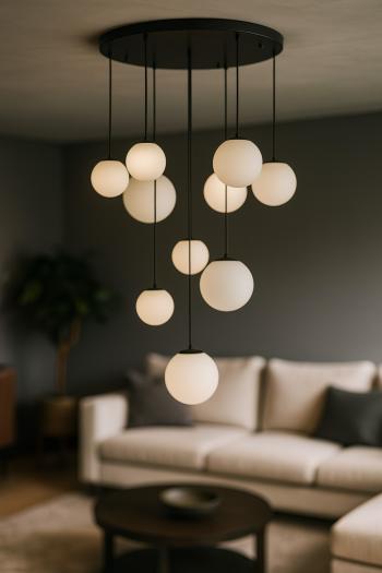Avizemoda Pigaro 10 lu Beyaz Renk Camlı Salon Oturma Odası Modern Sarkıt Avize - (Siyah Kasa)