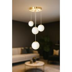 Avizemoda Pigaro 4 lü Beyaz Renk Camlı Salon Oturma Odası Modern Sarkıt Avize - (Gold Kaplama)