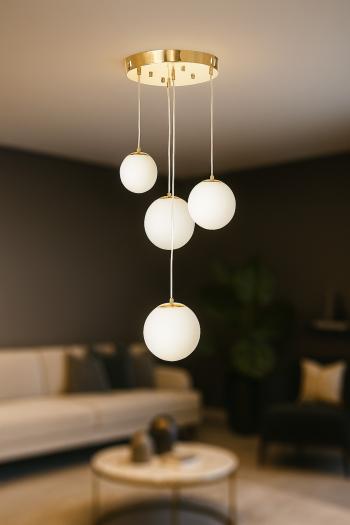 Avizemoda Pigaro 4 lü Beyaz Renk Camlı Salon Oturma Odası Modern Sarkıt Avize - (Gold Kaplama)