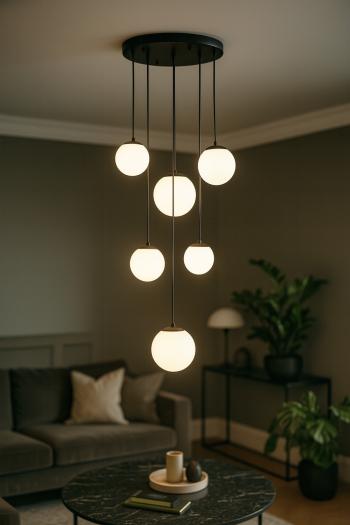 Avizemoda Pigaro 6 lı Beyaz Renk Camlı Salon Oturma Odası Modern Sarkıt Avize - (Siyah Kasa)