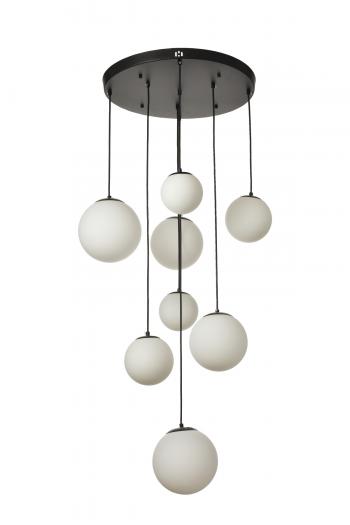 Avizemoda Pigaro 8 li Beyaz Renk Camlı Salon Oturma Odası Modern Sarkıt Avize - (Siyah Kasa)