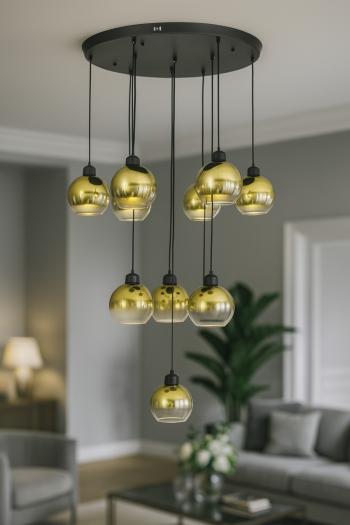 Avizemoda Side 10 lu Gold Camlı Salon Oturma Odası Modern Sarkıt Avize - (Siyah Kasa)