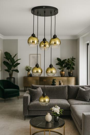 Avizemoda Side 6 lı Gold Camlı Salon Oturma Odası Modern Sarkıt Avize - (Siyah Kasa)