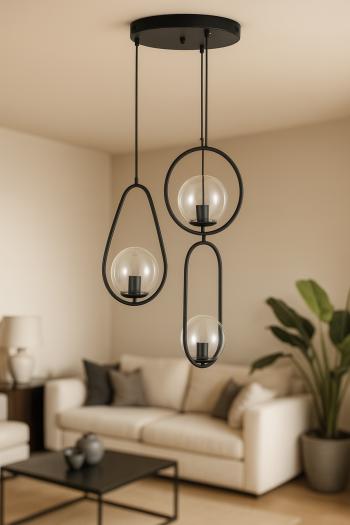 Avizemoda Serra 3'lü Şeffaf Camlı Salon Oturma Odası Modern Sarkıt Avize - Siyah