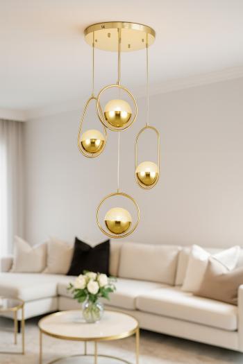 Avizemoda Serra 4'lü Akrilik Toplu Salon Oturma Odası Modern Sarkıt Avize - Gold Kaplama
