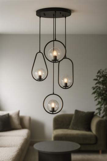 Avizemoda Serra 4'lü Şeffaf Camlı Salon Oturma Odası Modern Sarkıt Avize - Siyah
