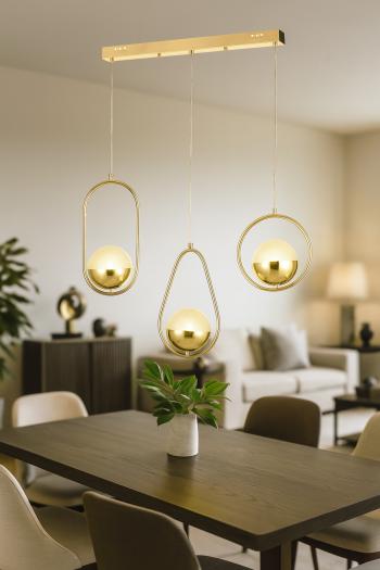 Avizemoda Serra 3'lü Yemek Masası Üstü Akrilik Toplu Salon Oturma Odası Modern Sarkıt Avize - Gold