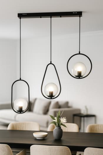 Avizemoda Serra 3'lü Yemek Masası Üstü Şeffaf Camlı Salon Oturma Odası Modern Sarkıt Avize - Siyah