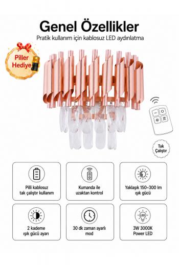 Palmira Prizma Kesim Kristal Taşlı PİLLİ KUMANDALI Lüks Aplik - ( Rose Gold)