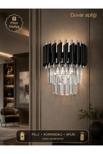 Palmira Kristal Taşlı Lüks PİLLİ KUMANDALI Aplik - ( Siyah - Krom )